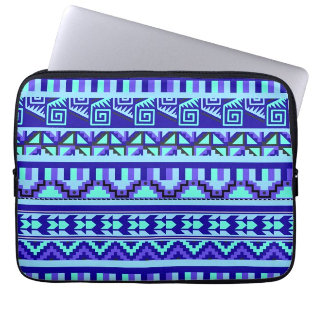 Blågeometrisk Abstrakt Aztec Tribal Print Mönster Laptop Fodral (Framsidan)