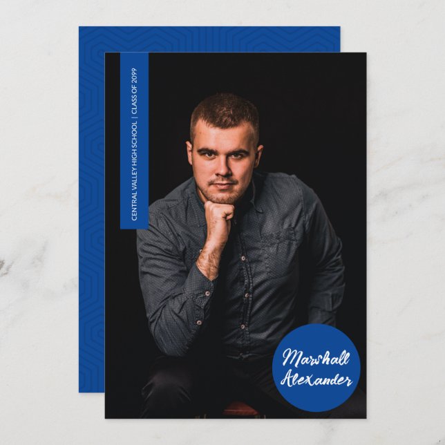 Blågeometrisk fotoinbjudan till Studenten (Fram/baksida)