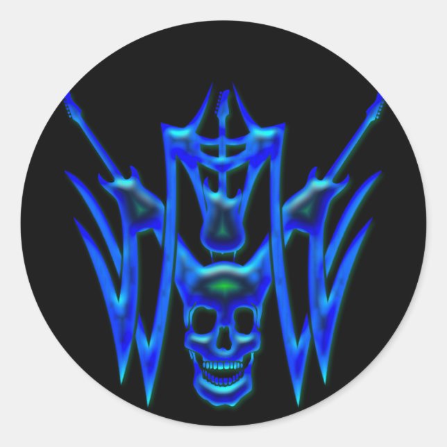 BLÅGGUITARS OCH SKULL RUNT KLISTERMÄRKE (Framsida)