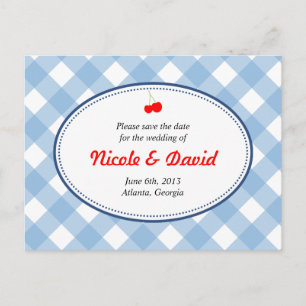 Blågingham land rustic cherry save date meddelande vykort