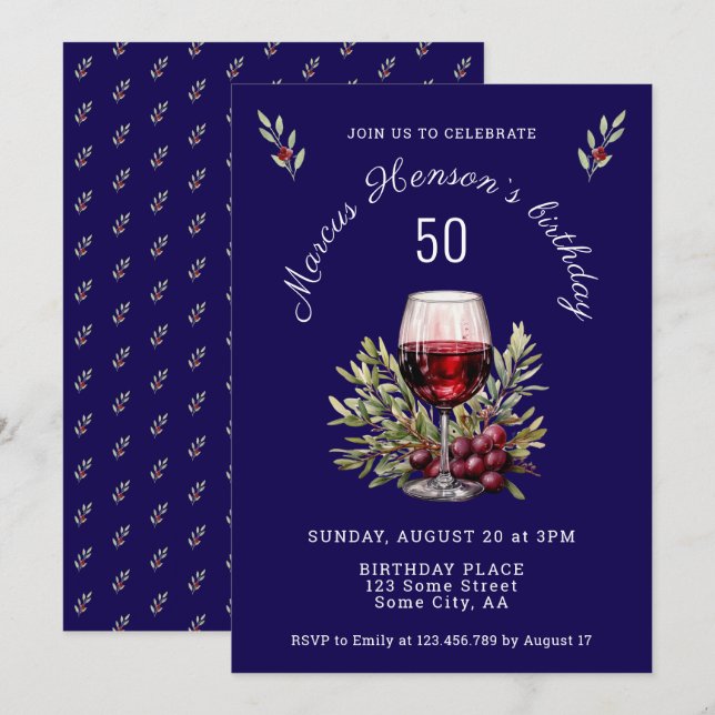 Blåglaset Vin, levande vattendjup 50:e födelsedag Inbjudningar (Fram/baksida)