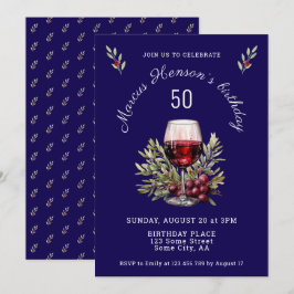 Blåglaset Vin, levande vattendjup 50:e födelsedag Inbjudningar