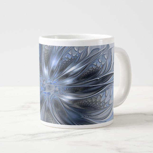 Blågrå akvarell Abstrakt Blommig Fraktal Konst Jumbo Mugg (Framsida höger)