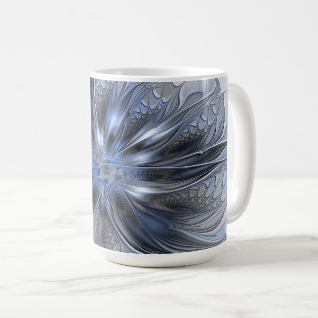 Blågrå akvarell abstrakt blomsterfraktal konst kaffemugg (Framsida höger)
