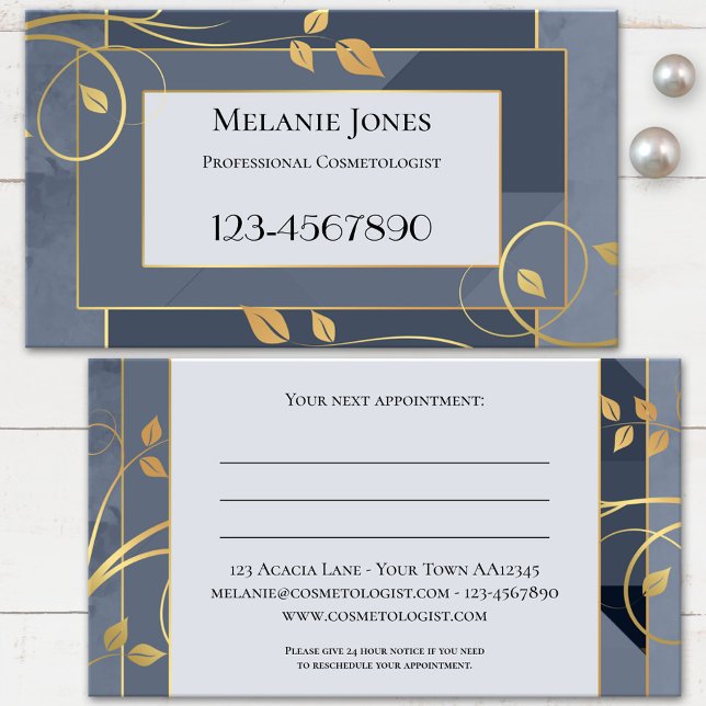 Blågrå chic gyllene blad tidsbeställning kort (Professional appointment business card featuring swirling golden leaves on blue grey geometric)