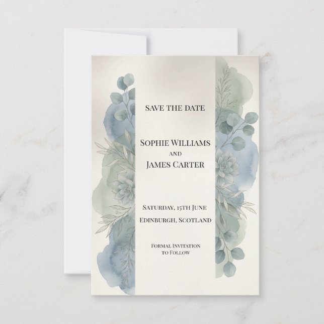Blågrå Eukalyptus Save The Date-kort Spara Datumet (Framsida)