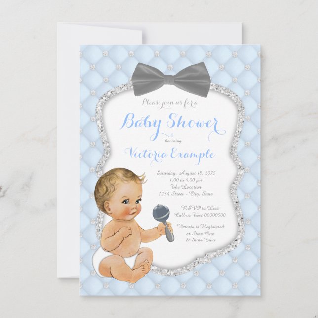 Blågrå flugboy Baby Shower Inbjudningar (Framsida)