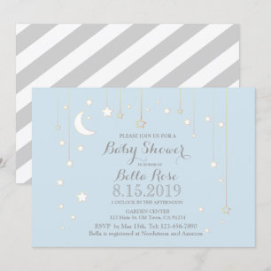 Blågrå månstjärna pojke baby shower inbjudan