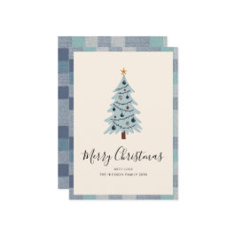 Blågrå rutig minimalistisk julgran julkort