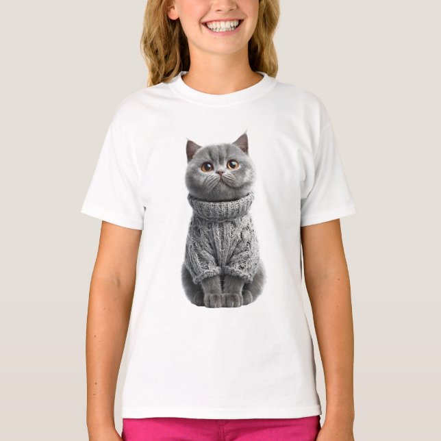 Blågrå stickad katttröja för barn t shirt (Framsida)
