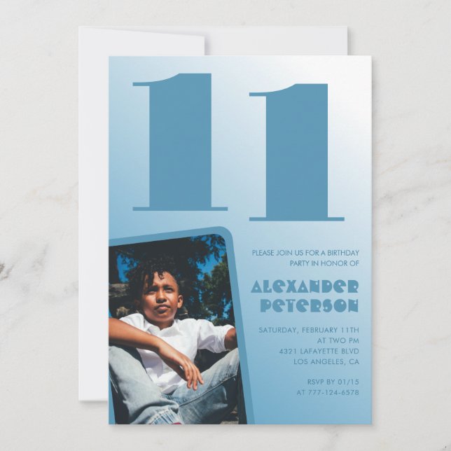 Blågradient 11:e födelsedagsinbjudan Boy Photo Inbjudningar (Framsida)