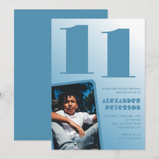 Blågradient 11:e födelsedagsinbjudan Boy Photo Inbjudningar (Fram/baksida)