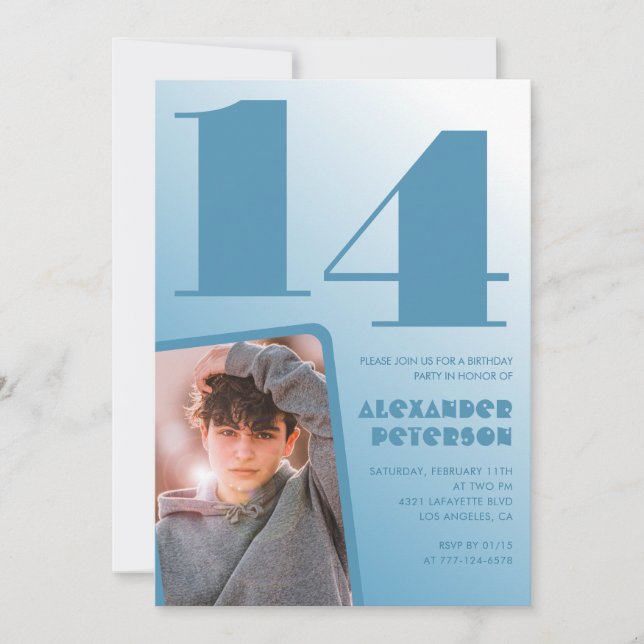 Blågradient 14:e födelsedagsinbjudan Boy Photo Inbjudningar (Framsida)