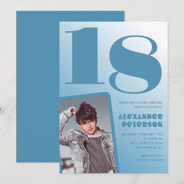 Blågradient 18: e födelsedagsinbjudan Boy Photo Inbjudningar (Fram/baksida)