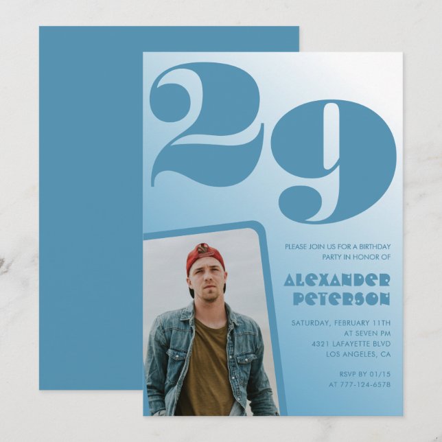 Blågradient 29:e födelsedagsinbjudan Boy Photo Inbjudningar (Fram/baksida)
