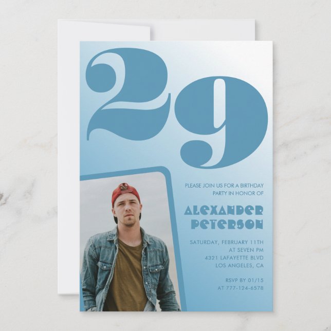 Blågradient 29:e födelsedagsinbjudan Boy Photo Inbjudningar (Framsida)