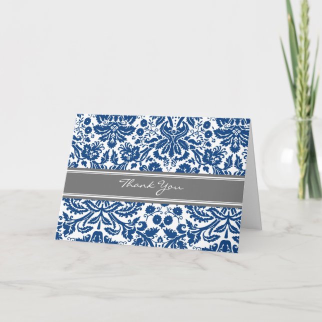 Blågrått Damask Bröllop Tackkort (Framsida)