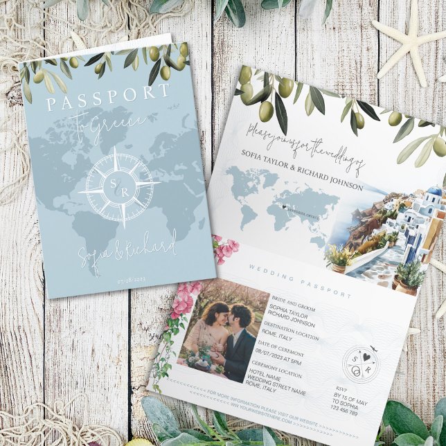 Blågrekiska passet Bröllop - världskarta kompass Inbjudan (greece passport wedding invitation with olive branches, bougenvilia and watercolor santorini illustr)