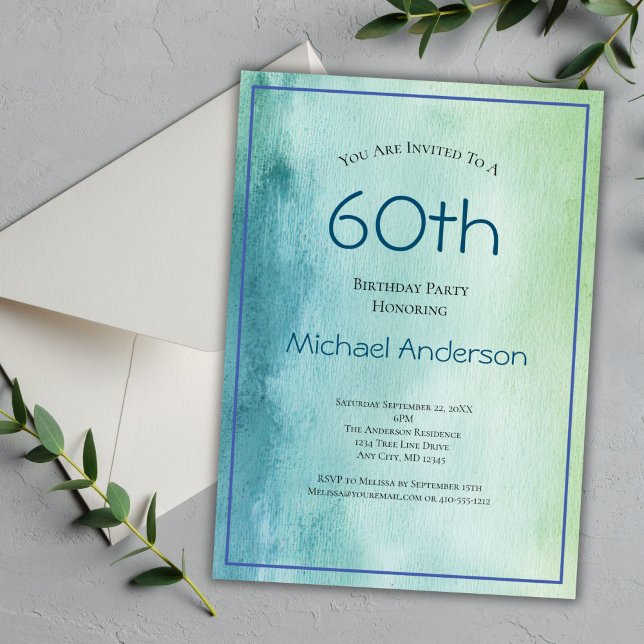Blågrön akvarell 60-årsdag för honom  inbjudningar (60th Editable Birthday Invitation for him. Blue Green Watercolor Background. Simple Minimalist )