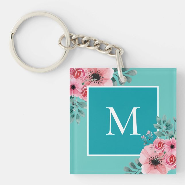 Blågrön | Blommigt Photo Monogram-Nyckelring (Framsidan)