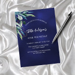 Blågrön elegant födelsedag inbjudan vykort<br><div class="desc">En marin blå bakgrund,  dekorerad med grön. Den blå färg är ojämn. Anpassa och lägg till ditt namn och information om party.</div>