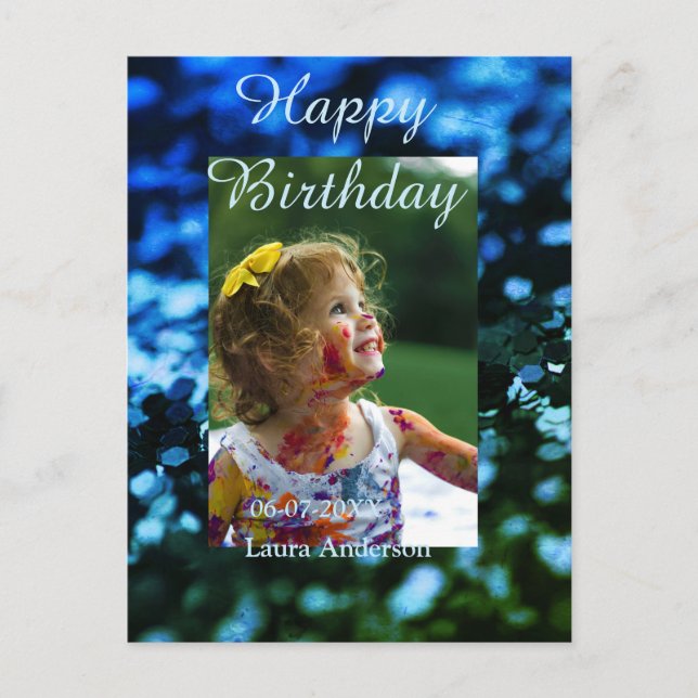 Blågrön glitterfoto barn födelsedag modern rustik vykort (Framsida)