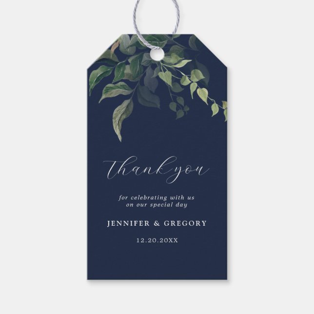 Blågrön i botaniska vattenfärgen Bröllop Presentetikett (Framsidan)