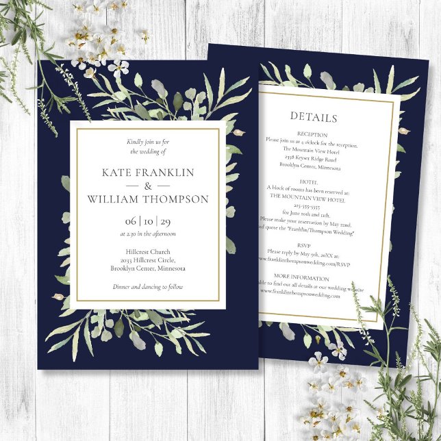 Blågrön i Guld Ram allt på ett Bröllop Inbjudningar (Navy Blue Greenery Gold Frame All In One Wedding Invitation)
