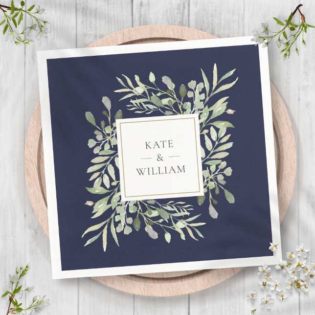 Blågrön i havsytfärg Bröllop Pappersservett (Navy Blue Greenery Watercolor Wedding Napkins)