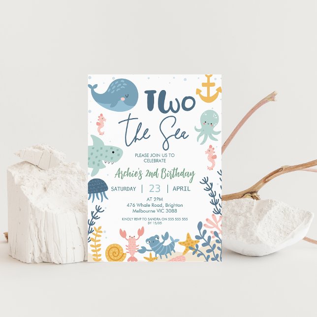 BlåGröntens Gult Boys 2 Havets födelsedag Inbjudningar (Two the Sea Birthday Invitation, Under the Sea Party Boy, Ocean birthday party, 2nd birthday party,)