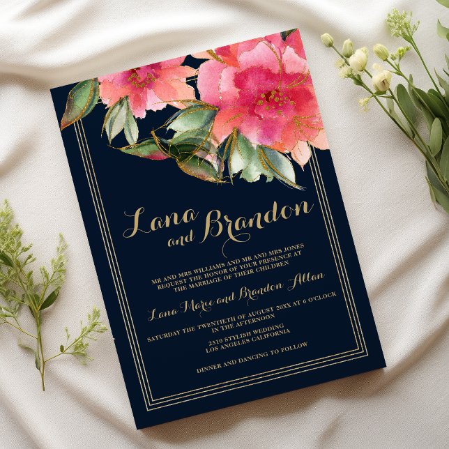 Blågruva rosa guld glitter blommigt bröllop inbjudningar (Navy blue mint pink gold glitter floral wedding )