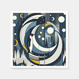 Blågul geometrisk natt med Måne och penguin Pappersservett