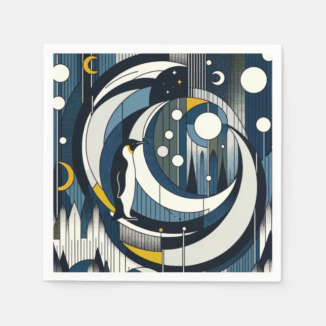 Blågul geometrisk natt med Måne och penguin Pappersservett (Framsidan)