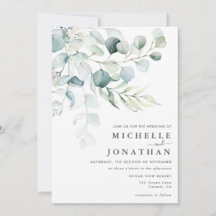 Blågul Grönt Eucalyptus Bouquet-bröllopsinbjudan Inbjudningar