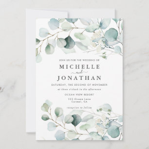 Blågul Grönt Eucalyptus Bouquet-bröllopsinbjudan Inbjudningar