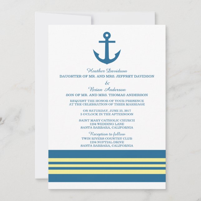 Blågul Gult Nautical Anchor Wedding bjudande in Inbjudningar (Framsida)