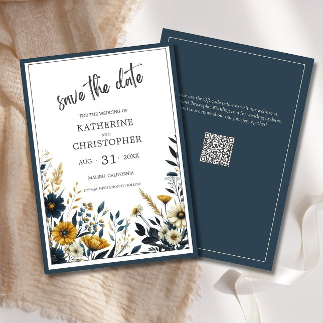 BlåGuld Elegant Blommigt Bröllop Spara Datumet (Blue and Yellow Wildflower Floral Elegant Save the Date Card with QR Code for Wedding Website.)