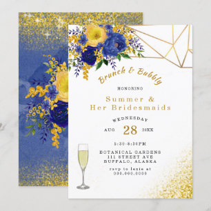 BlåGult Guld Pawarden Blommigt Brunch och Bubly Inbjudningar