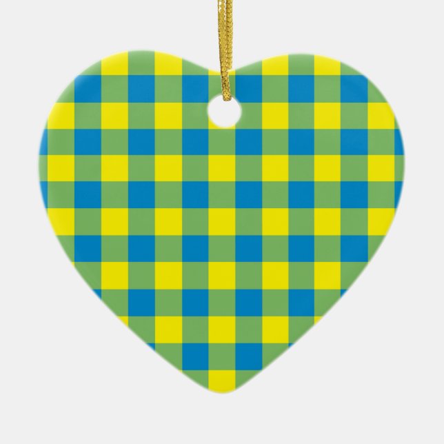 BlåGultens Grönt Play Checker Mönster Julgransprydnad Keramik (Framsidan)