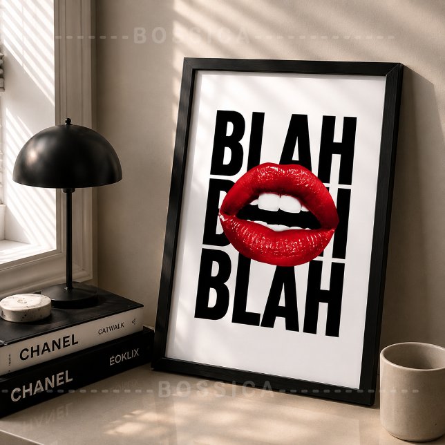 Blah Blah Affisch Röda Läppar Popkonst Mode Väggko (Blah Blah Red Lips Pop Art Poster | Funny Fashion Wall Art Print | Modern Typography Aesthetic Decor)