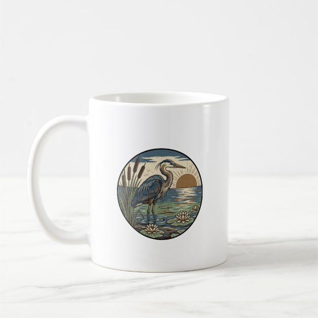 Blåhäger Solnedgångs träsk Träsnitt Konst Kaffemugg (Vänster)