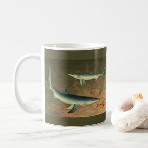 Blåhajar som äter fisk, gammalt marint liv kaffemugg