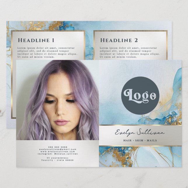 Blåhaltig broschyr från bläck (Fram/baksida)