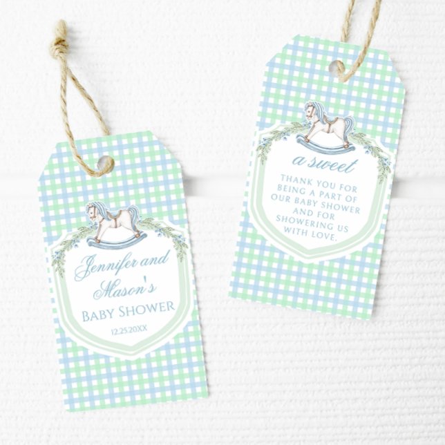 Blåhaltig grönt rockar pojke dusch tack. presentetikett (Skapare uppladdad)