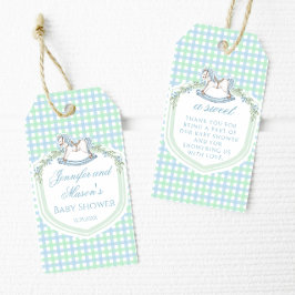 Blåhaltig grönt rockar pojke dusch tack. presentetikett