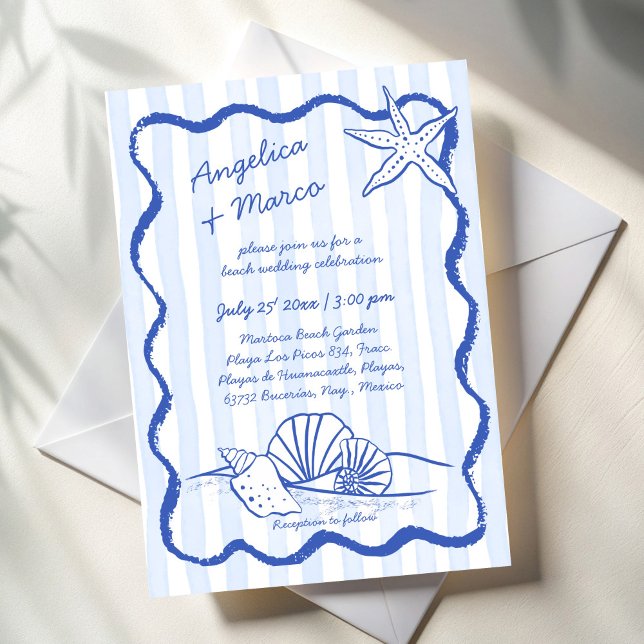Blåhandraket vågigt gräns-strandbröllop inbjudningar (Seashells blue handrawn wavy border sketch beach wedding invitation cards template instant download)