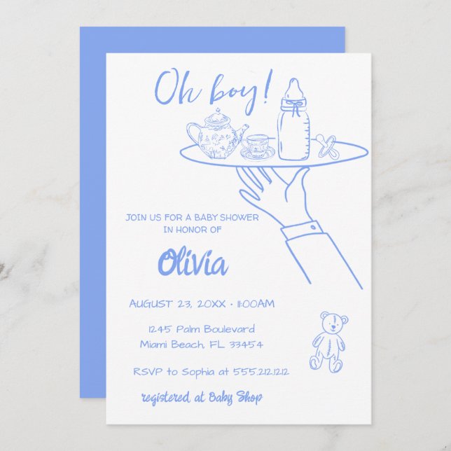 Blåhandskriftsskabb för små barn i Hand plockade Inbjudningar (Fram/baksida)