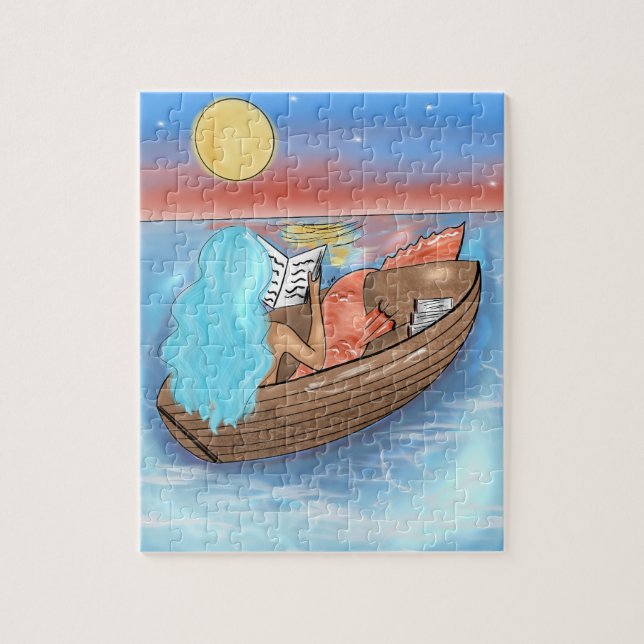 Blåhårsblå Sjöjungfru som läser på ett pussel på e (Vertikal)