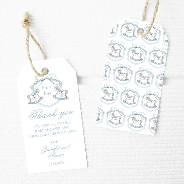 Blåhäst, vapensköld Fransk pojke dusch tack. Presentetikett (Skapare uppladdad)