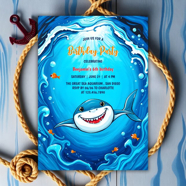 Blåhavets Underbara unghaj, Födelsedagsfest Inbjudningar (Blue Ocean Kids Great White Shark Birthday Party Invitation)